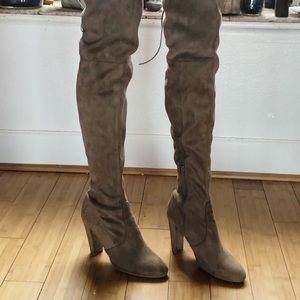 Thigh high brown suede heel boots